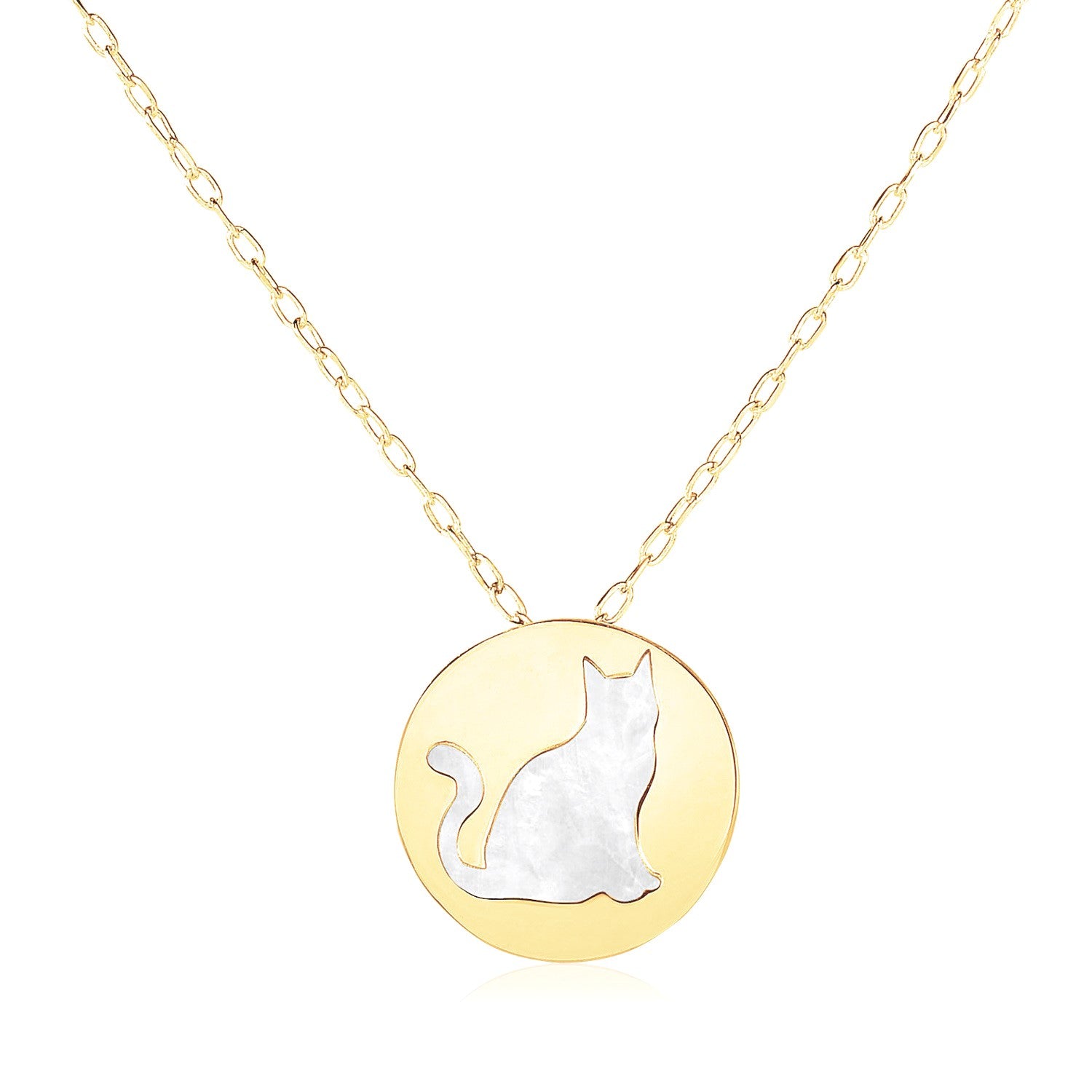 14k Yellow Gold Necklace with Cat Symbol in Mother of Pearl in a sleek high-contrast midnight luxury editorial style